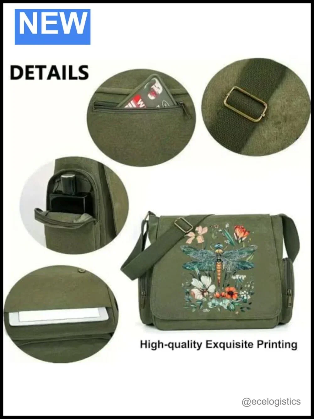 Pattern Canvas Messenger Bag Crossbody Shoulder Bag with Pockets
